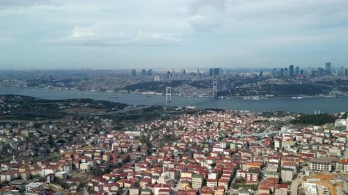 Istanbul Asian side city panorama with 15th of July Martyrs Bridge, rotation