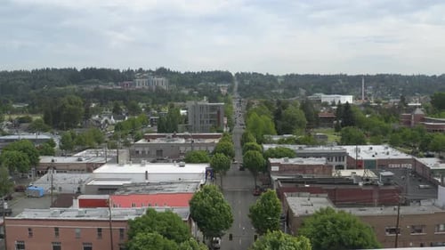 Buildings And Green Trees In Downtown Puyallup, Washington - aerial drone