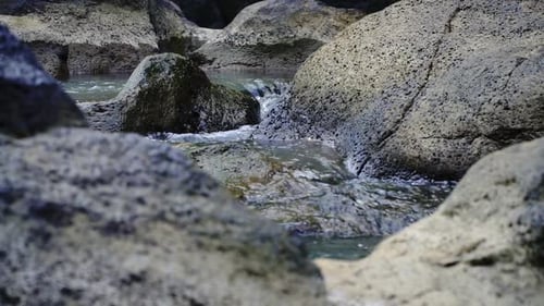 Wild water stream running through stone rapids slow motion. Rapid flow in national park. Gorgeous vi