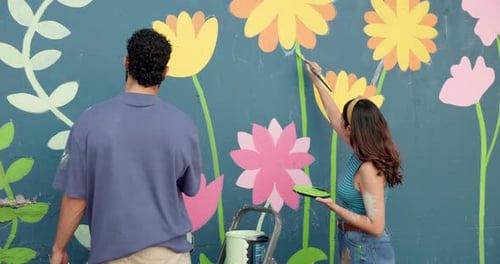 Couple, painting and support with wall art for mural design, creativity