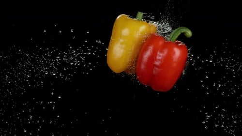 Fresh Yellow and Red Peppers Sprayed with Water