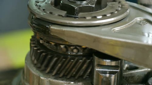 Close Up of Rotating Metal Transmission Gears