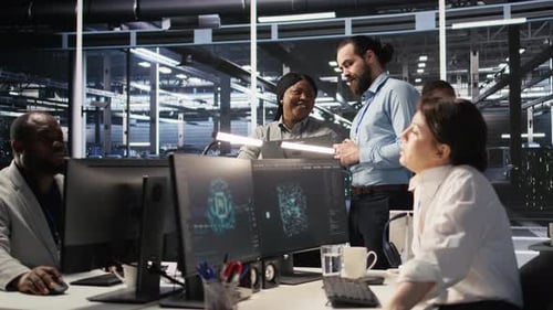 Data Center Engineering Team Collaborating on Blade Servers Maintenance