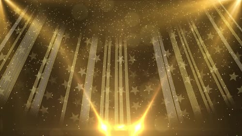 Golden Stage Background with Sparkling Stars and Dynamic Spotlights