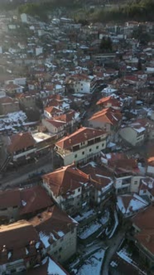 Aerial video of the city center of Metsovo. It is a town in the Pindos Mountains in Epirus.