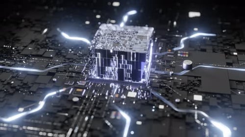 Futuristic Circuit Board with Glowing Cube and Electrical Pulses
