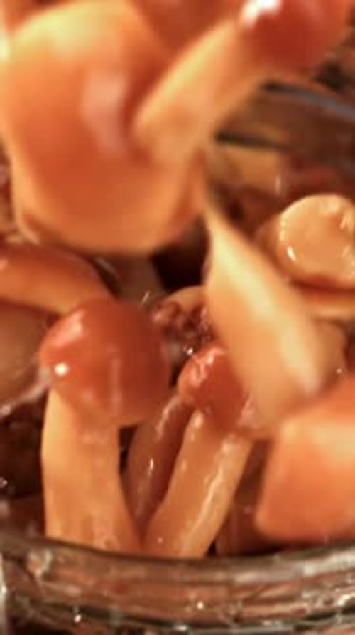 Pickled Honey Mushrooms Fall Into a Jar Filmed on a Highspeed Camera at 1000 Fps