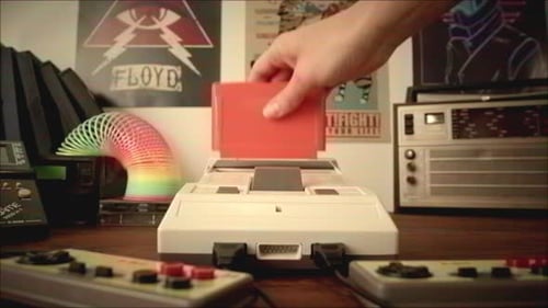 Old TV Game Console with ROM Cartridge Vintage Gamer Room Joystick and Retro TV Man Player Start the