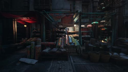 Dimly Illuminated Street Market Filled with Colorful Goods and Busy Exchange
