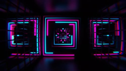Tunnelhintergrund mit verschiedenen Neonlinien in Rosa und Cyan, VJ Loop in 4K