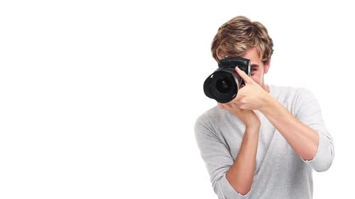 Photographer man, mockup shooting and digital camera isolated on white studio background