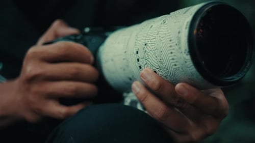 Close-up of photographer's hands holding a professional camera with telephoto lens