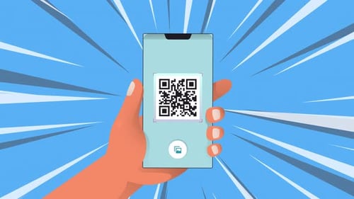 Animated Smartphone Hand Displaying QR Code in Flat Design