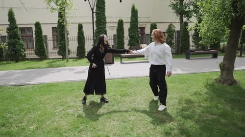 A Couple Strolls in a Park Then Joyfully Dance with Friends