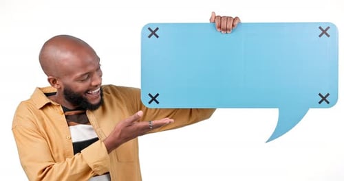 Happy black man, speech bubble and social media in advertising or marketing against a studio