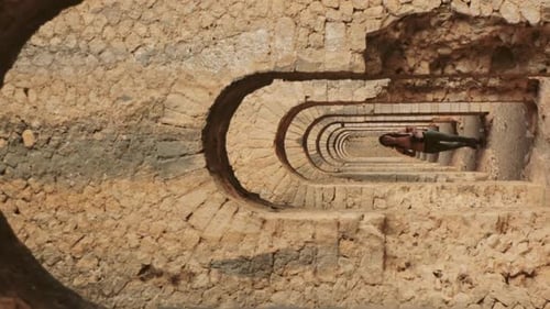Terracina, Italien: Junge kaukasische Touristin fotografiert Fotos in der Nähe von Überresten des Tempels von