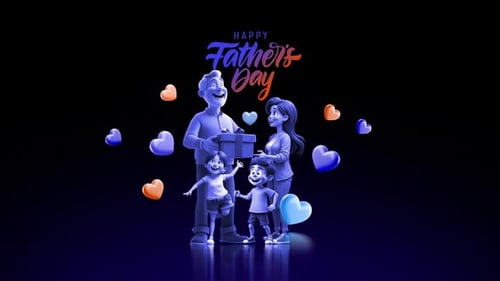 3D Animated Happy Father's Day Title with Family and Hearts