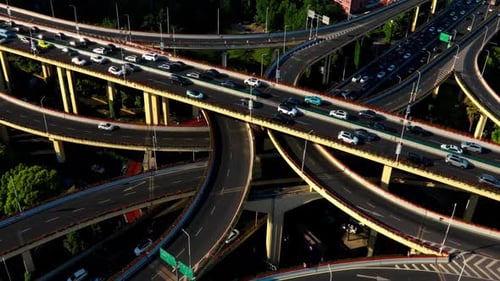 Aerial top down view spectacular elevated highway and complexity, convergence of roads, bridges in m
