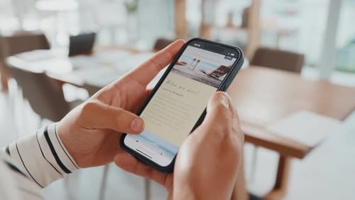 Mobile, hands or person on travel website in office for booking or planning vacation options