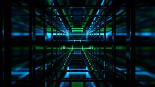 Cyan And Green Square Fantasy Tunnel With Neon Movement On Frame Background Vj Loop In 4K