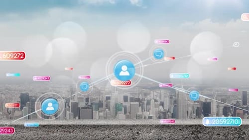 Animation of falling social media icons and emojis over cityscape
