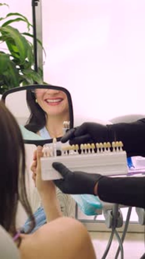Smiling woman choosing dental veneer shade at clinic, guided by dentist