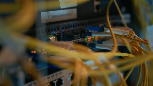 Computer Server with Yellow Cables Connected to Ports
