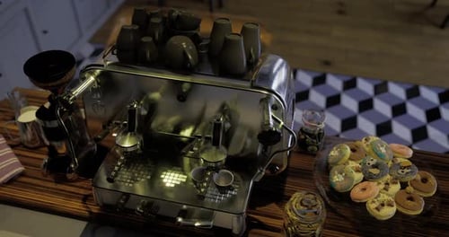 Barista Prepares Coffee Drinks in a Cozy Cafe with Assorted Pastries