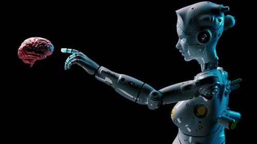 Futuristic AI Robot Interacting with Floating Brain Animation