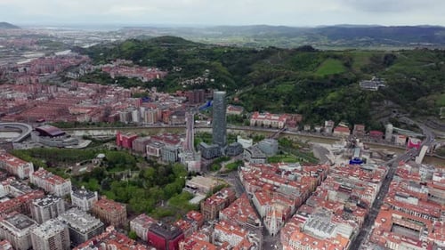 Tripod Aerial Perspective of Bilbao Spain Panoramic View Showing the Historic City Center Nervion