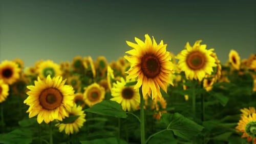 Champ de tournesols jaunes au coucher du soleil en été