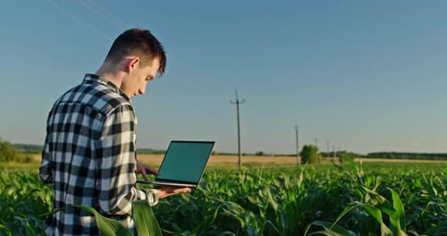 Junger Landwirt arbeitet mit einem Laptop auf einem malerischen Feld
