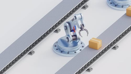 Futurismo fabril: brazo robótico que mueve paquetes en un transportador. Animación 3D