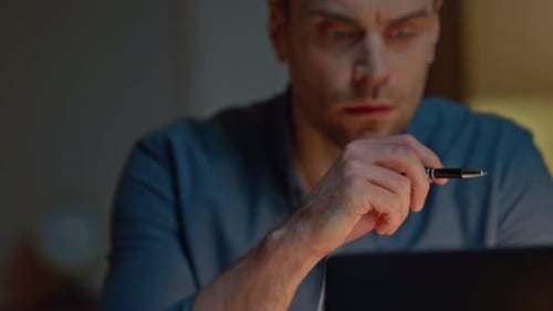 Freelancer Hands Writing Notes at Night Apartment Closeup Focused Guy Thinking