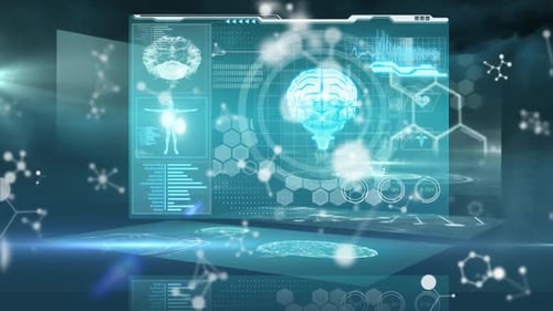 Animation of molecules floating and medical data processing on screens