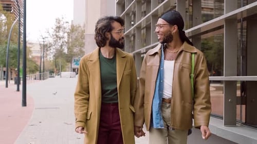 Happy Gay Couple Holding Hands While Walking