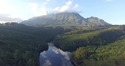 Drone, green and mountain, landscape with dam and water, countryside with environment