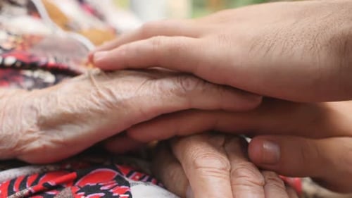 Close Up of Young Male and Wrinkled Hands Comforting and Stroking Each Other Outdoor Grandson and