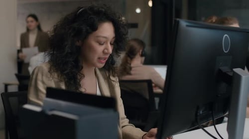 Call Center and Helpful Customer Service. Use Desktop Pc at Computer Table