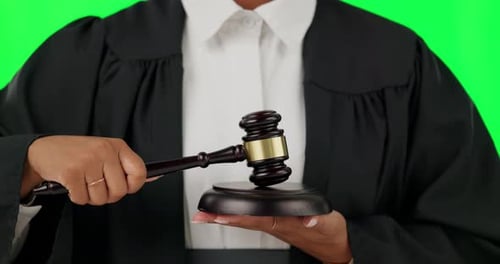 Green screen, judge or hands with gavel of law, trial or attention to justice