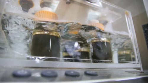 Botellas de petróleo crudo en contenedor con agua en el laboratorio