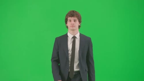 Male Model in Suit Isolated on Chroma Key Green Screen Background Positive Young Businessman in Blue