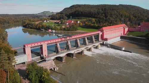 River dam, aerial drone shot. Dam on Rhine river