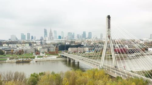 Aerial View of suspension bridge in Warsaw, capital of Poland (Warszawa, Polska). Downtown Skyline a