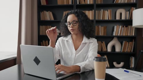 African American Lady Study on Laptop Young Woman Student Studying Working on Laptop Typing Notes