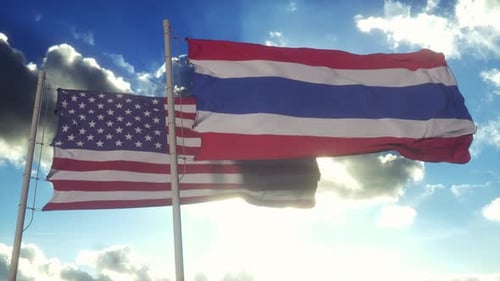 United States and Thailand Flags Waving in Realistic Style