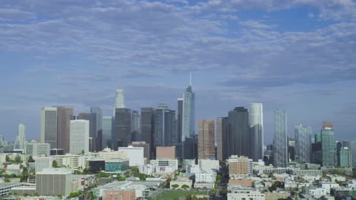 Aerial panning view of skyscrapers in Los Angeles. USA. Daylight