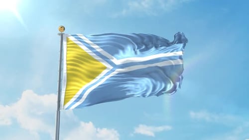 Realistic 3D Flag Waving in Blue Sky with Sun Glare