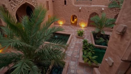Wide shot of ornately decorated courtyard building