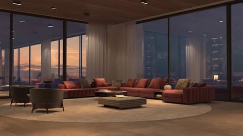Modern Living Room with Sunset View